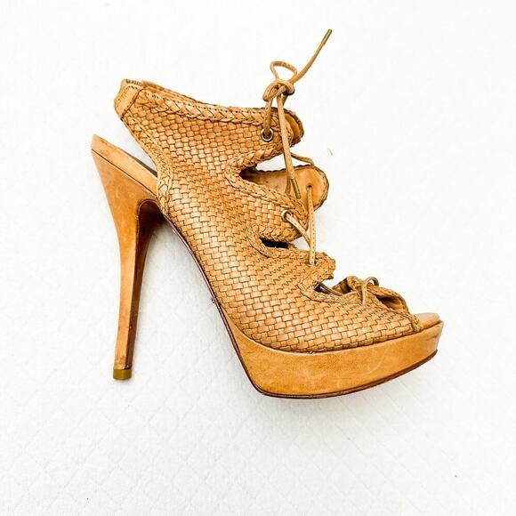 Schutz Woven Leather Lace Up Peep Toe Sandal Stiletto Heel Size 8 - Picture 1 of 6